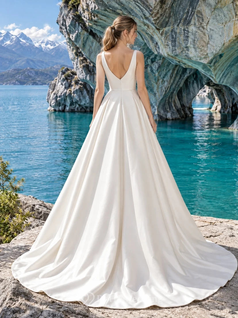 Sencillo vestido de novia de satén con escote en V, corte en A, tirantes anchos y corpiño ajustado. view 2