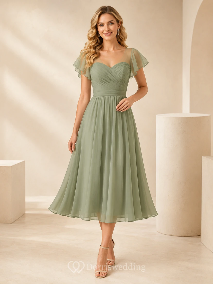 Celadon Tea-Length Sweetheart Flutter Sleeve Chiffon Romantic Wedding Guest Dress
