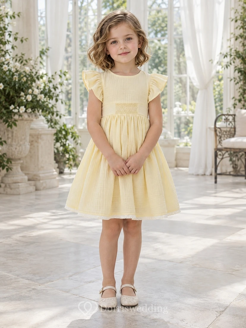 Simple Modest Yellow Knee Length Compact Flutter Sleeve Smocked Gauze Flower Girl Dress view 2