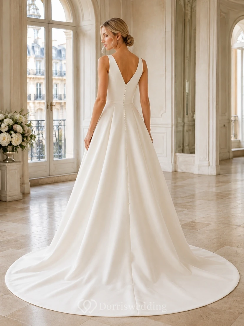 Vestido de novia sencillo y modesto con cola de corte A y escote barco. view 2