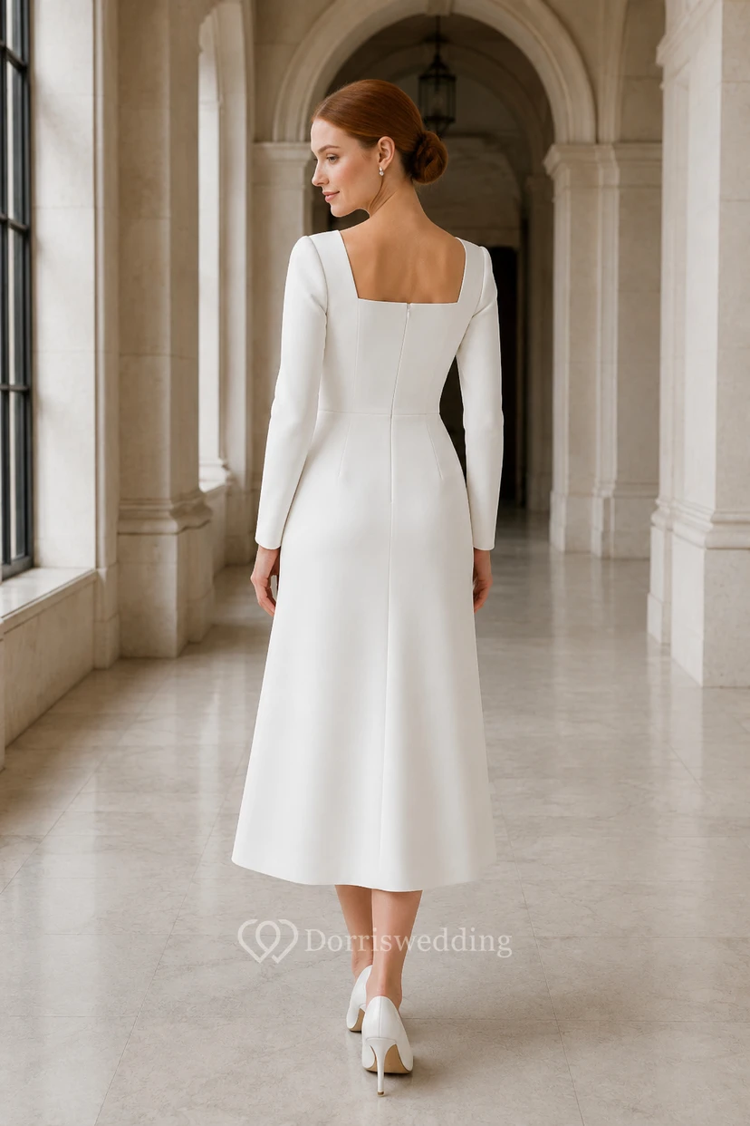 Robe de mariée en satin à manches longues et longueur thé view 2
