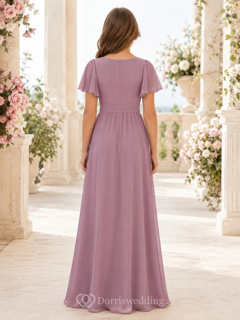 Elegantes, mauvefarbenes Chiffonkleid mit Glockenärmeln, A-Linien-Schnitt und Schmucksteinen in Bodenlänge für junge Brautjungfern view 2