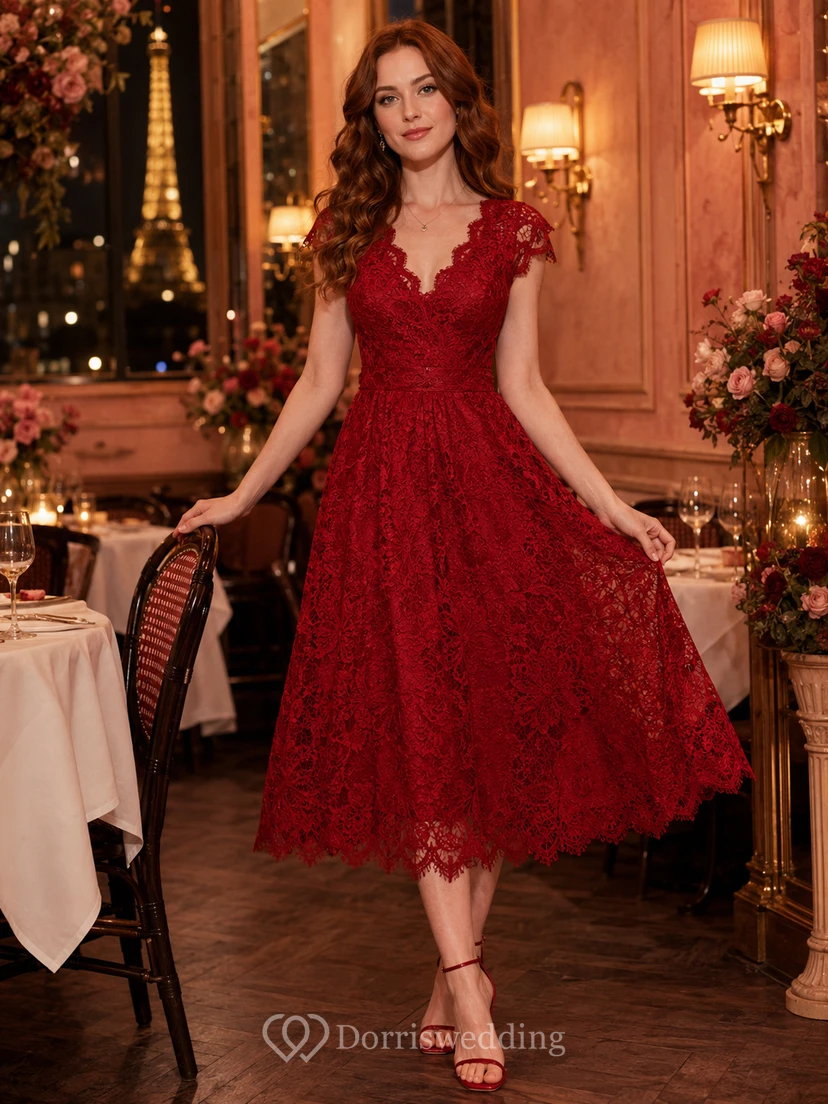 Red Lace Cap Sleeve Full Midi Valentine Dinner Dress