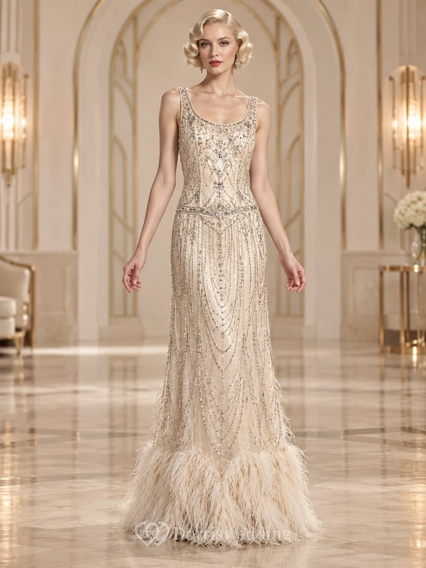 1920s Champagne Scoop Neck Beaded Feather Hem Long Evening Dress
