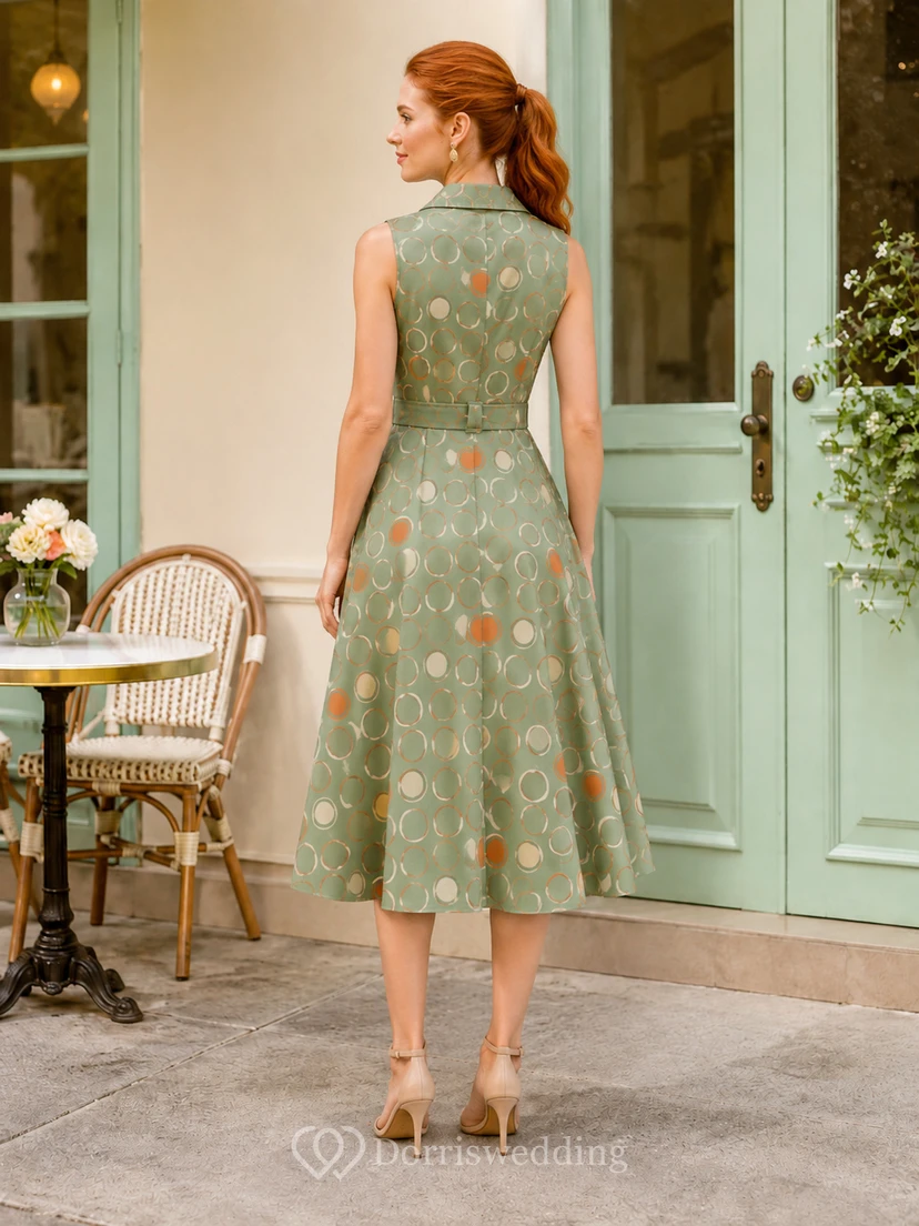 Sage Circle Print Shirt Collar Sleeveless Midi Dress view 2