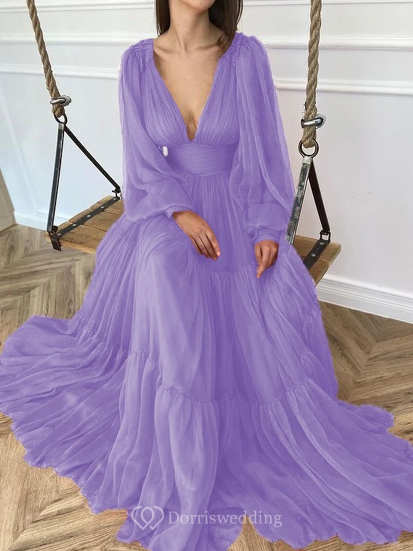 Sexy V-neck Puff Long Sleeve Chiffon Layered Empire Dress view 32