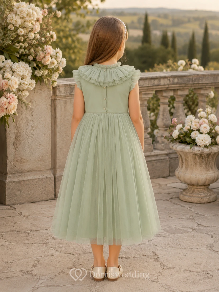 Flower Girl Dress Sage Tulle A-Line Jewel Neck Tea Length Bow Back view 2