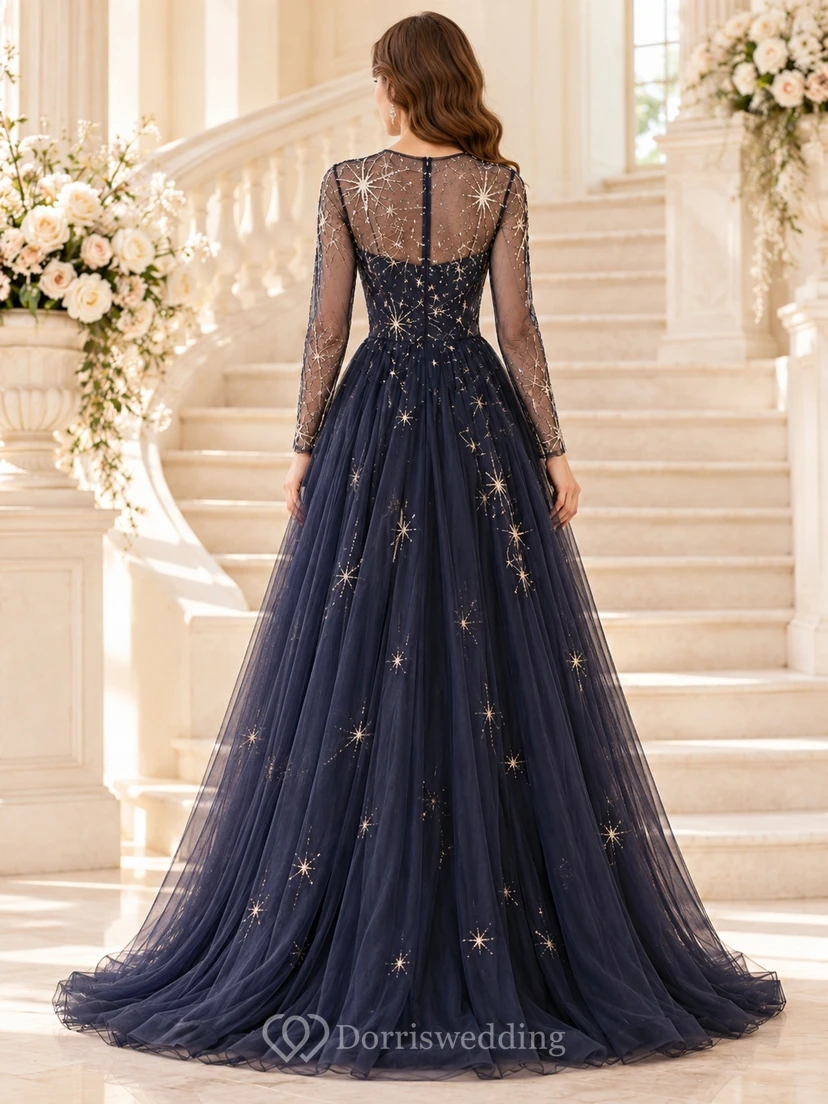 Dark Navy Moon Star Long Illusion Sleeve Evening Gown view 2