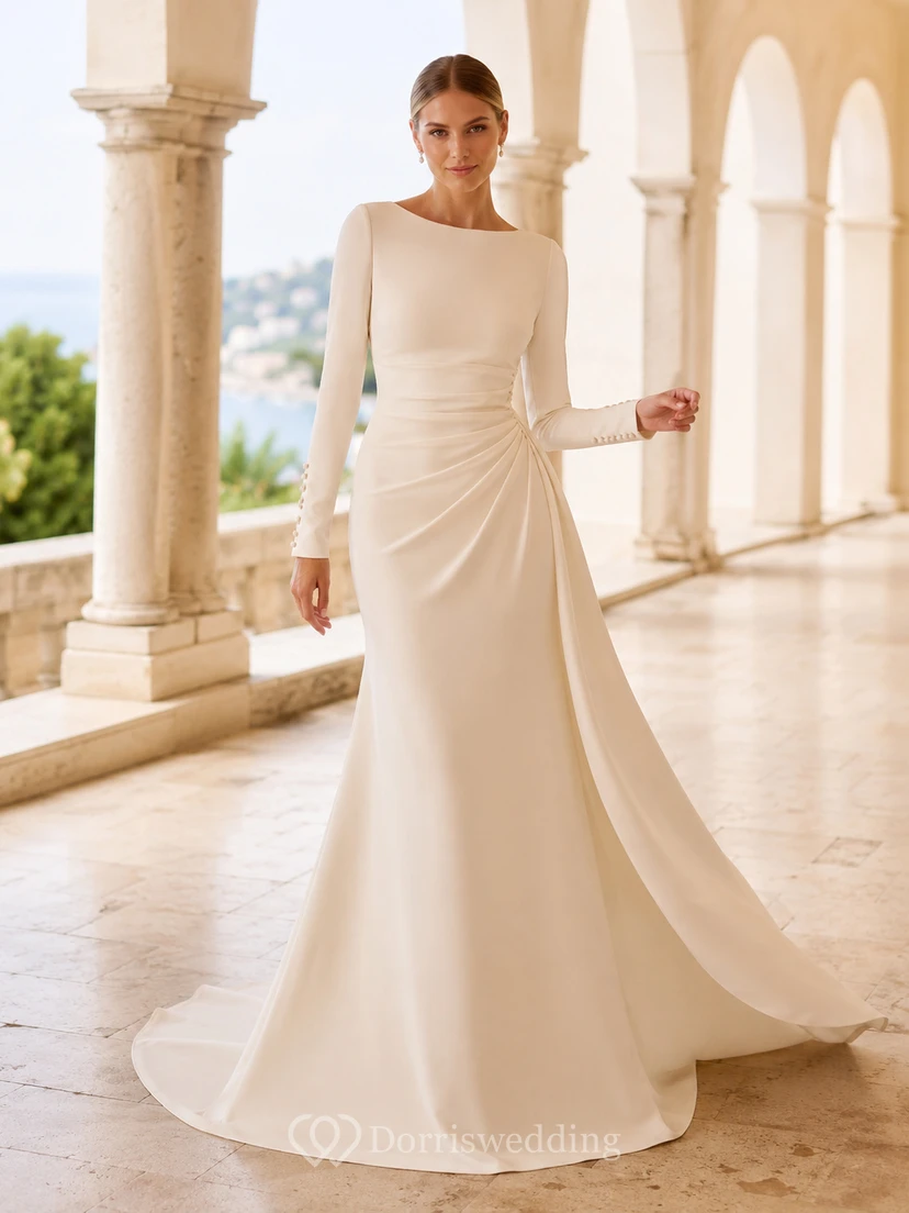 Robe de mariée moderne fourreau en satin plissé à manches longues et traîne courte, style bateau