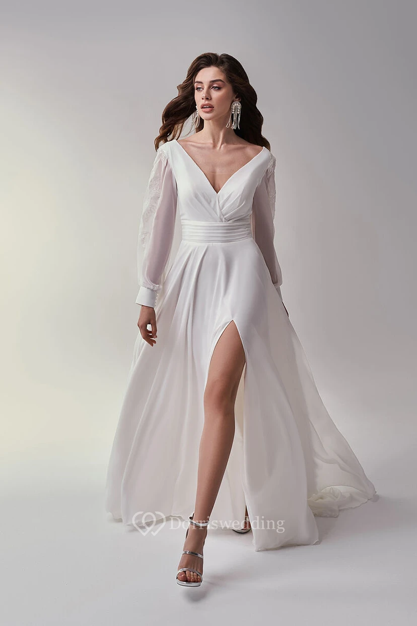Vestido de novia de gasa con escote en V, manga larga y abertura frontal, corte en A