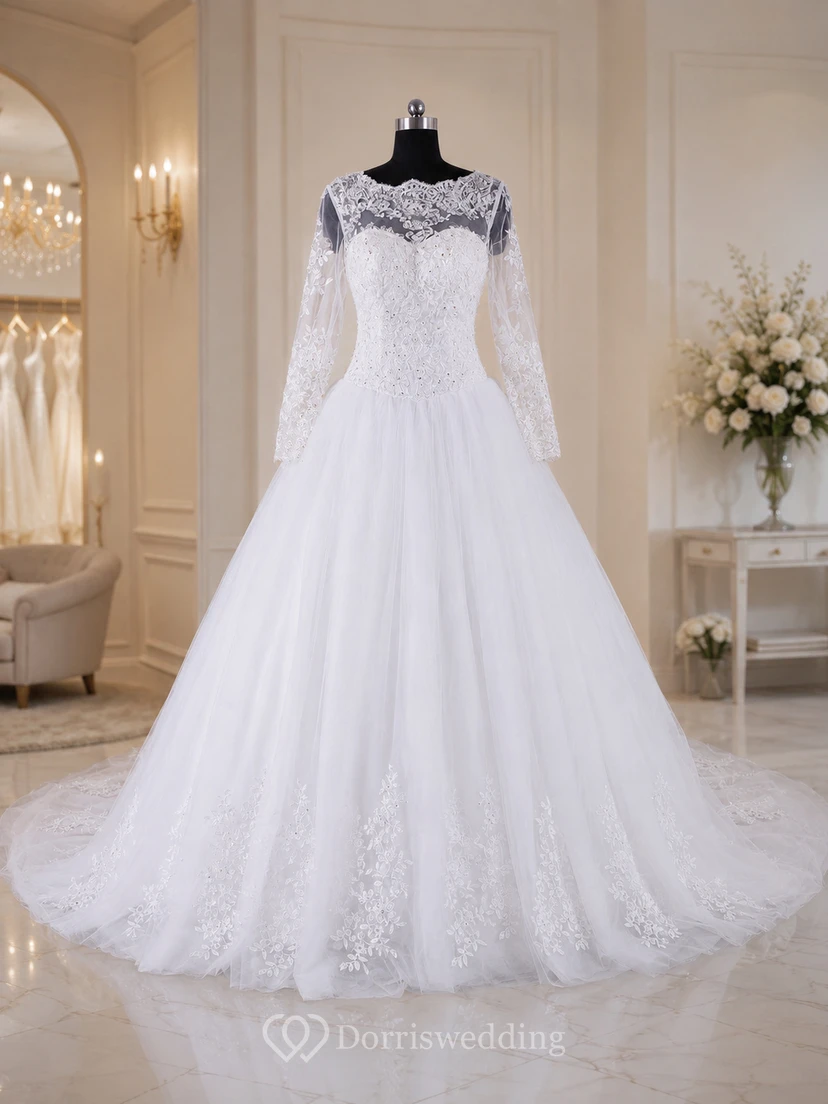A-Line Ball Gown Long Sleeve Cathedral Train Tulle Lace Satin Dress view 6