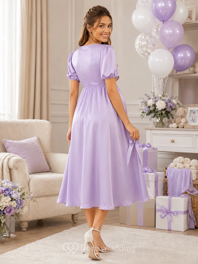 Violet Keepsake Lavender Empire Tea-Length V-Neck Short-Sleeve Satin Romantic Maternity Dress view 2