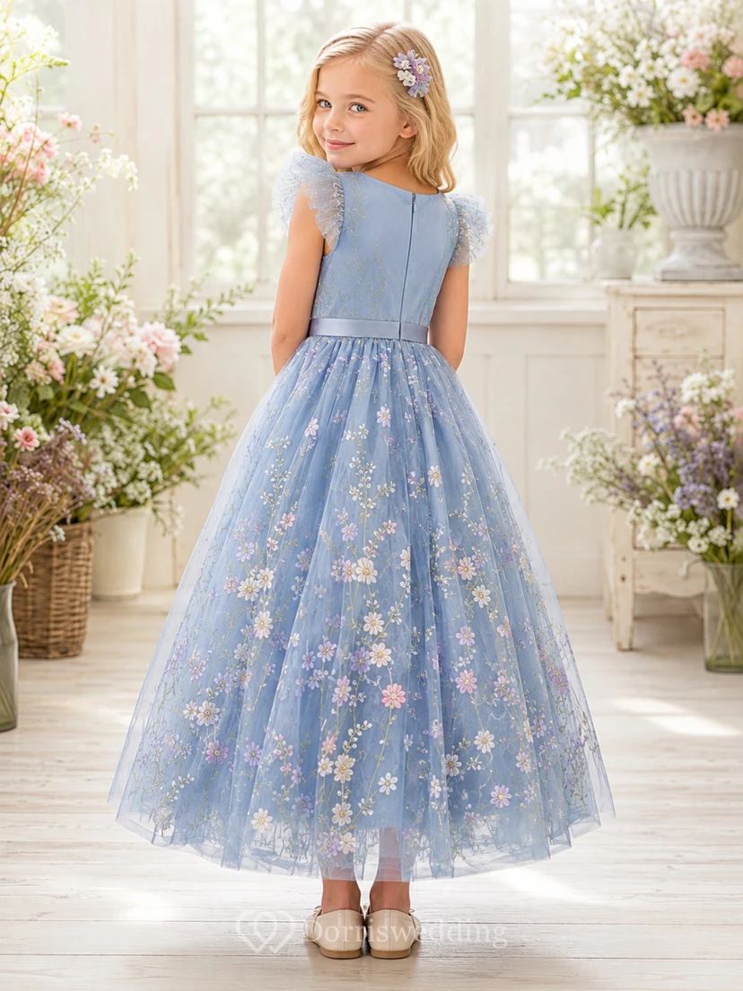 Sky Blue Romantic Floral Embroidery Tulle Flower Girl Tea-Length Petal Sleeve Garden Dress view 2