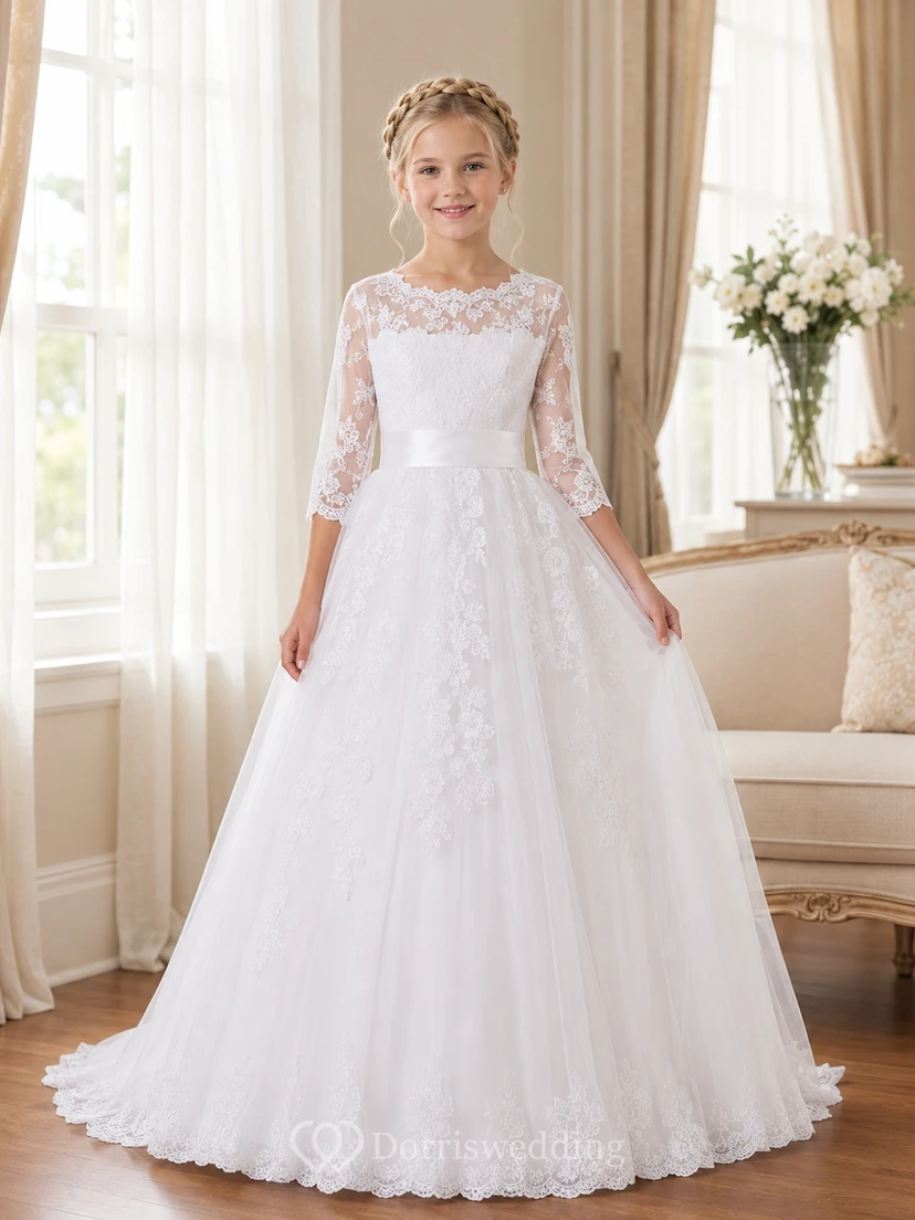 Robe de première communion en tulle à manches trois-quarts en dentelle et dentelle, style bateau