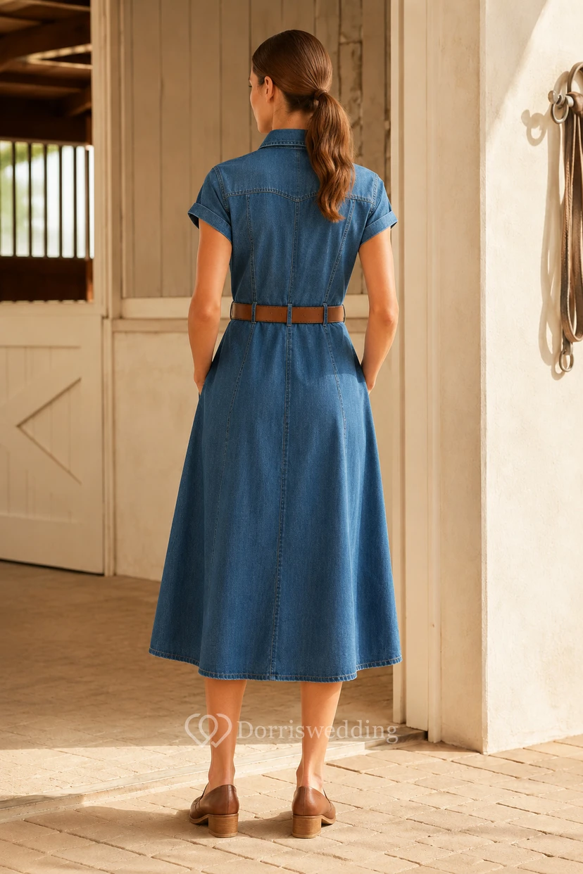 Robe-chemise bleu acier boutonnée sur le devant avec ceinture et jupe trapèze longueur thé view 2