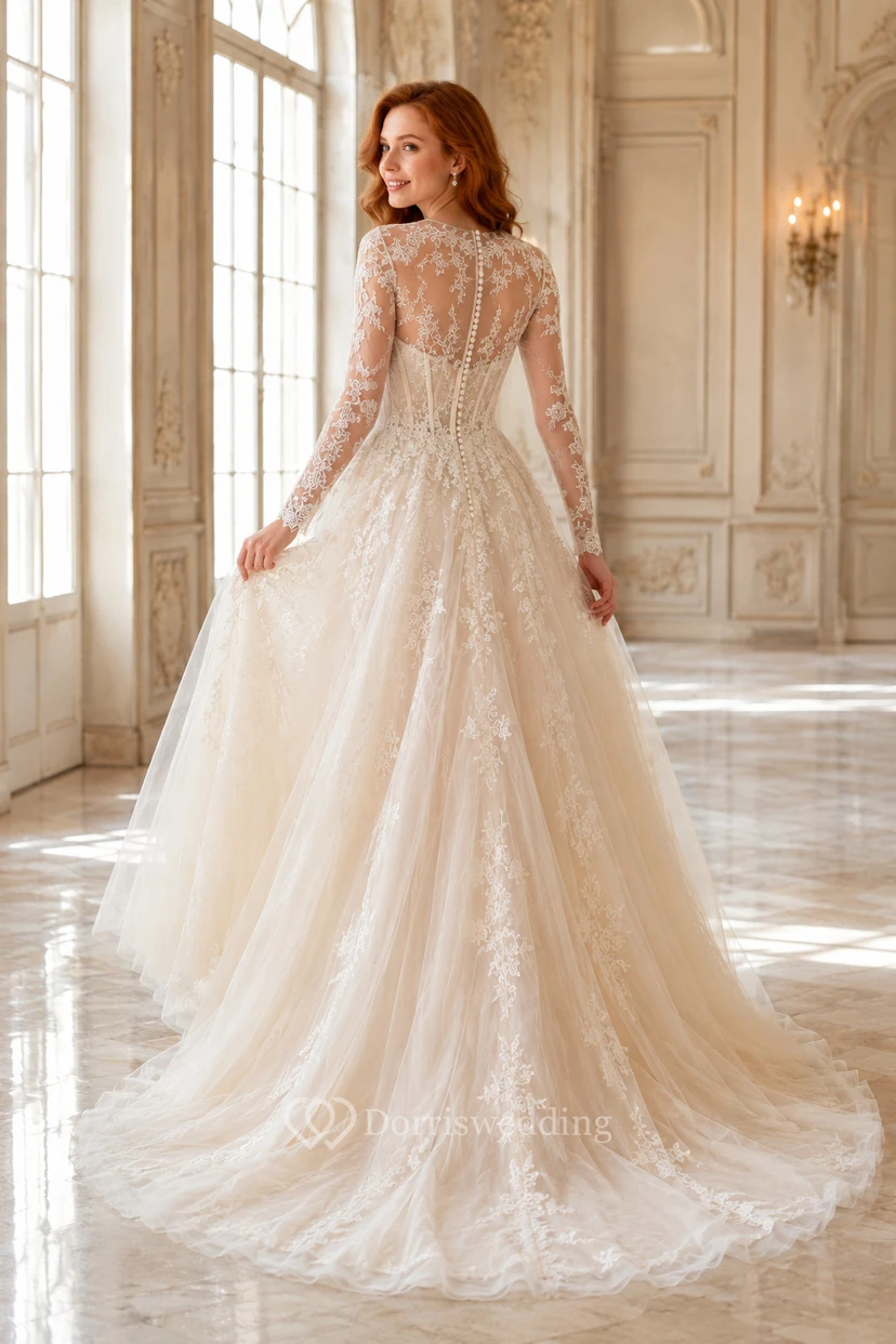 Vestido de novia de encaje y tul, corte A, sin tirantes, escote corazón, manga larga, cola larga. view 2
