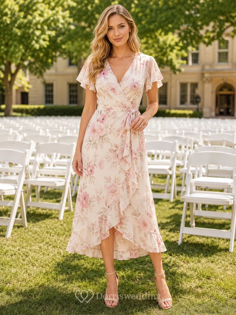 Blush floral V-neck wrap chiffon high-low midi dress