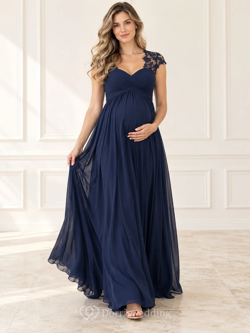 Maternity Dark Navy V Neck Lace Cap Empire Chiffon Dress