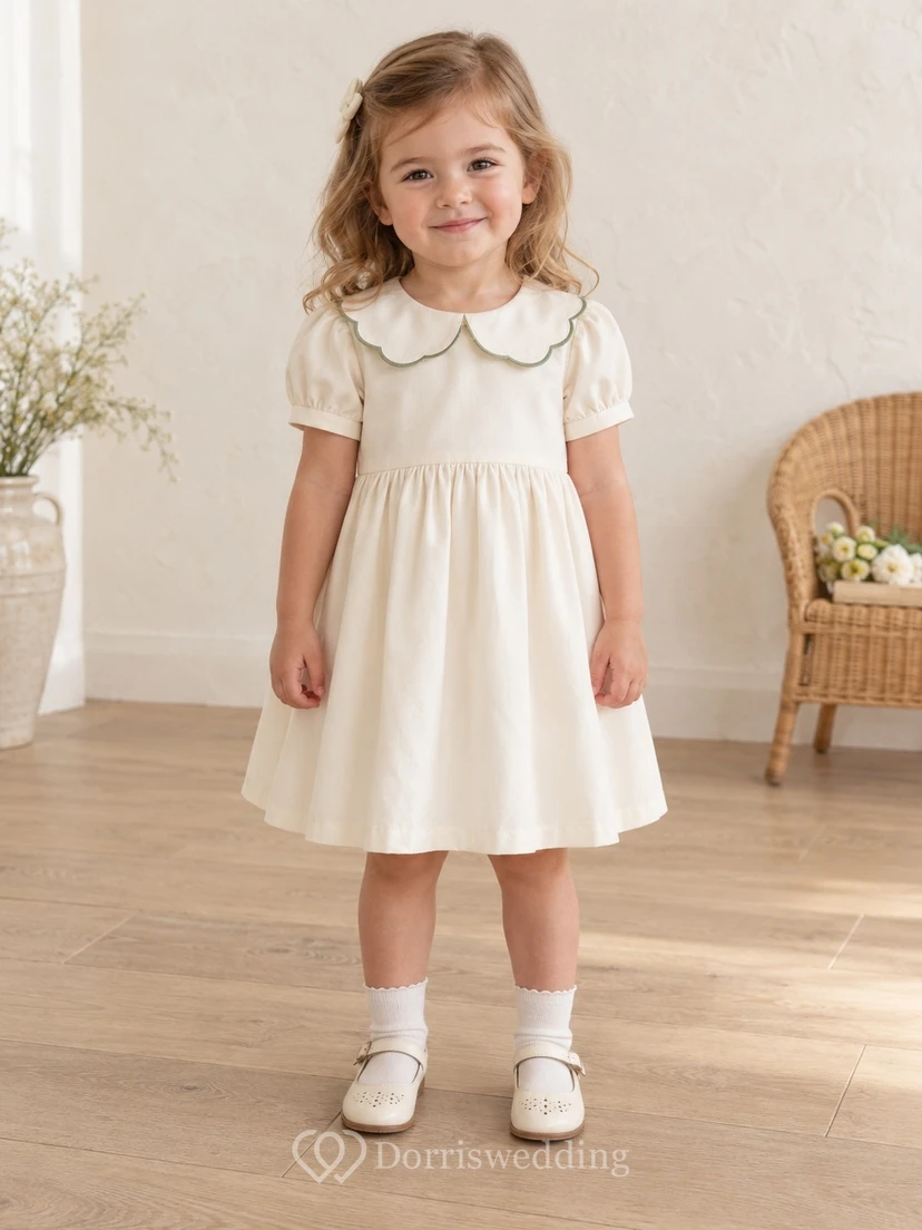 Simple Modest Cream Knee Length Rounded Scalloped Collar Compact Puff Flower Girl Dress
