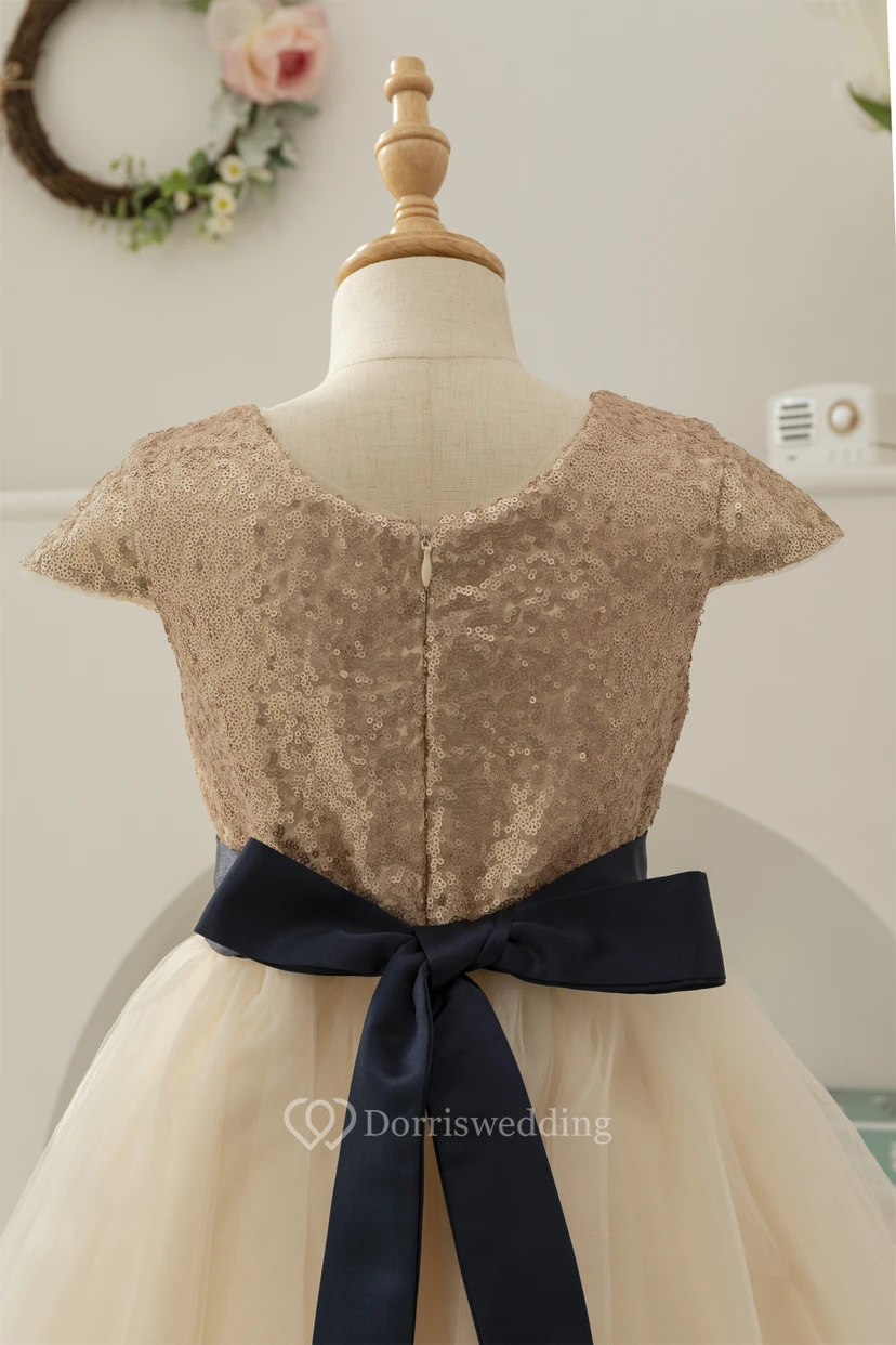 Cap Sequin Tulle Skirt A-line Flowergirl Dress with Ribbon Bow view 10