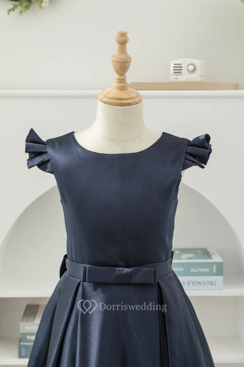Satin Solid Cap Scoop-neck A-line Floor-length Flowergirl Dress with Low-v Back view 3