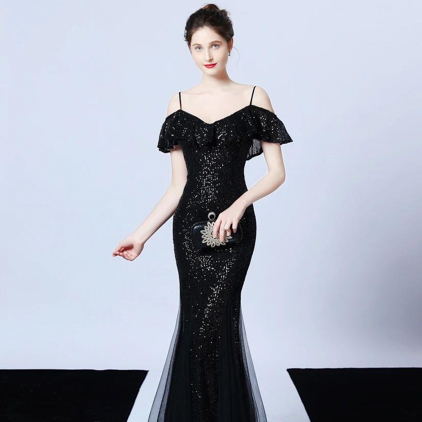 Robe de soirée élégante à franges et sequins en fil de polyester, style sirène, idéale pour un banquet ou une occasion spéciale automne. view 19