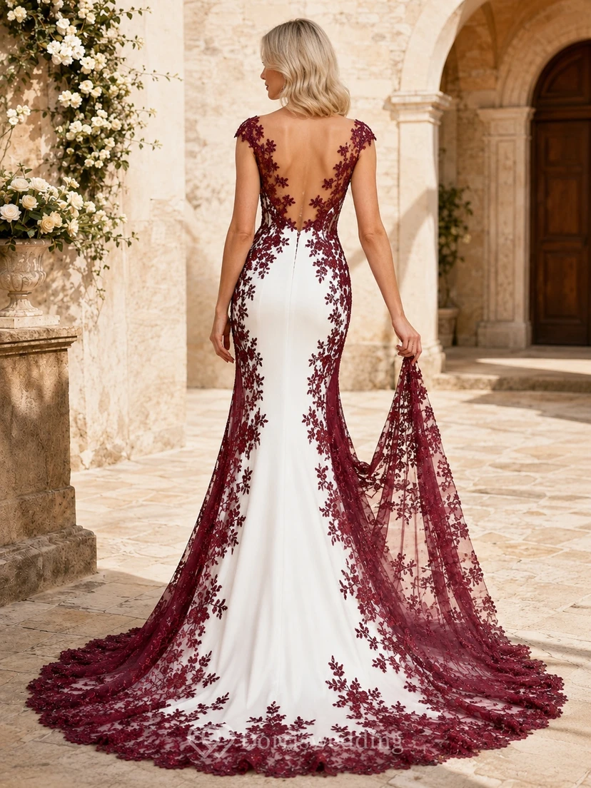 Burgundy V-neck Short Sleeve Embroidered Lace Mermaid Cape Sweep Train Wedding Gown view 2