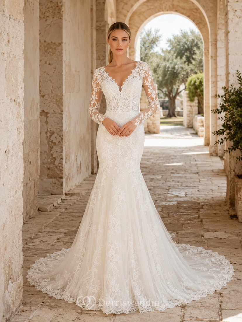 Robe de mariée sirène en dentelle illusion à manches longues et traîne chapelle, style modeste, idéale pour une destination.