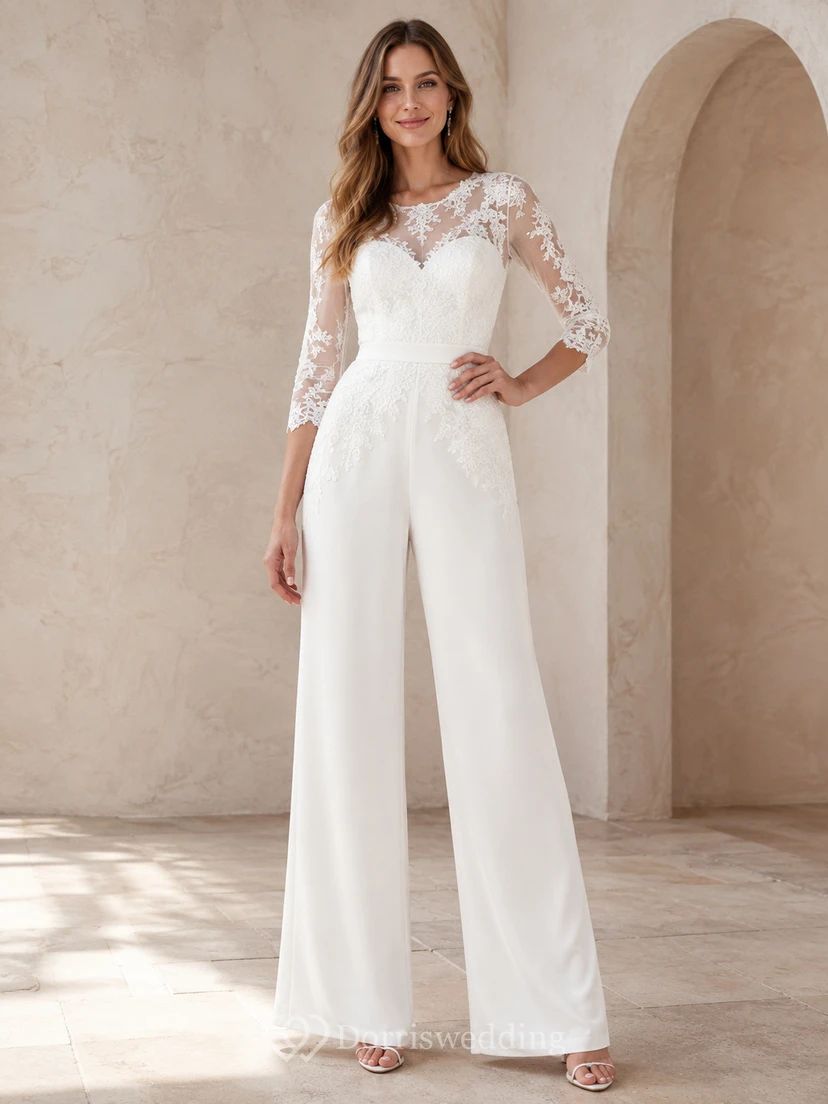 Weißer, eleganter Jumpsuit mit V-Ausschnitt, Illusion-Spitze, Dreiviertelärmeln und weitem Bein