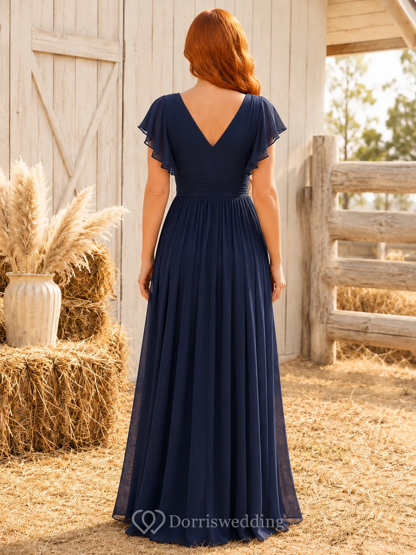 Rustic Barn Dark Navy V-Neck Chiffon A-Line Floor-Length Short Sleeve Dress view 2