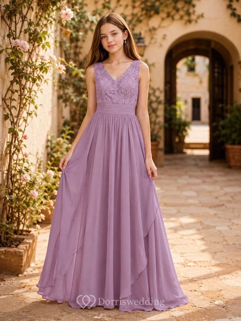 Lavendelfarbenes Brautjungfernkleid für junge Frauen, A-Linie, V-Ausschnitt, ärmellos, Spitze, romantisch