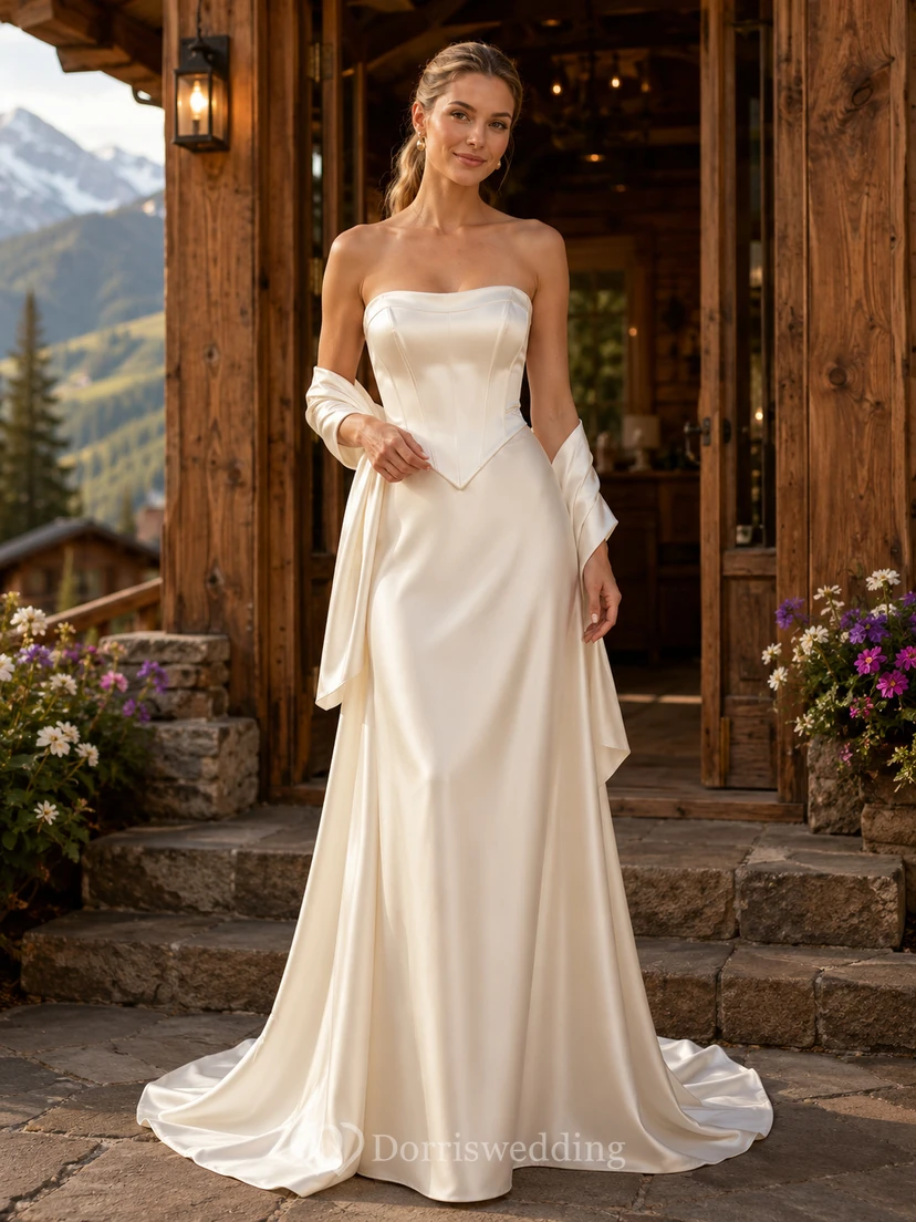 Vestido de novia de satén sin tirantes estilo vasco para fugarse a una cabaña de montaña.