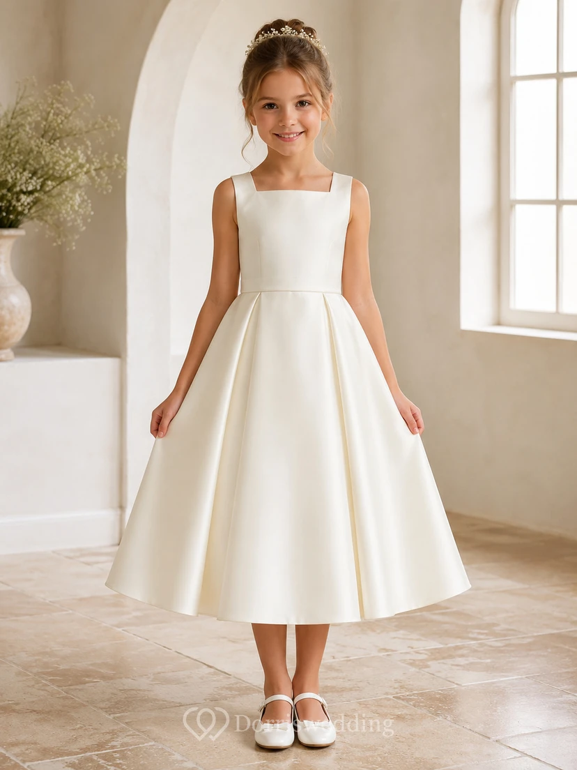 Flower Girl Dress Ivory Satin A-Line Jewel Neck Tea Length Bow Detail