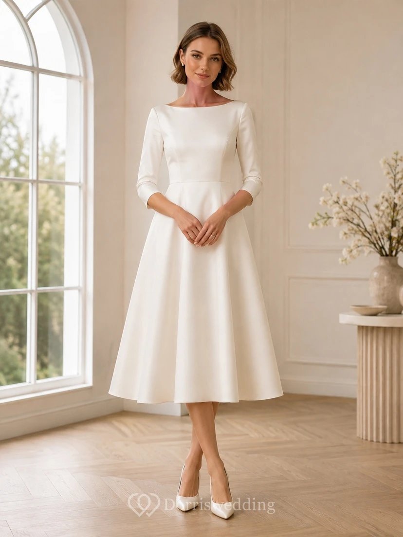Vestido de novia discreto de gasa de manga larga y cuello alto, corte en A, largo hasta la rodilla, ideal para una boda íntima.