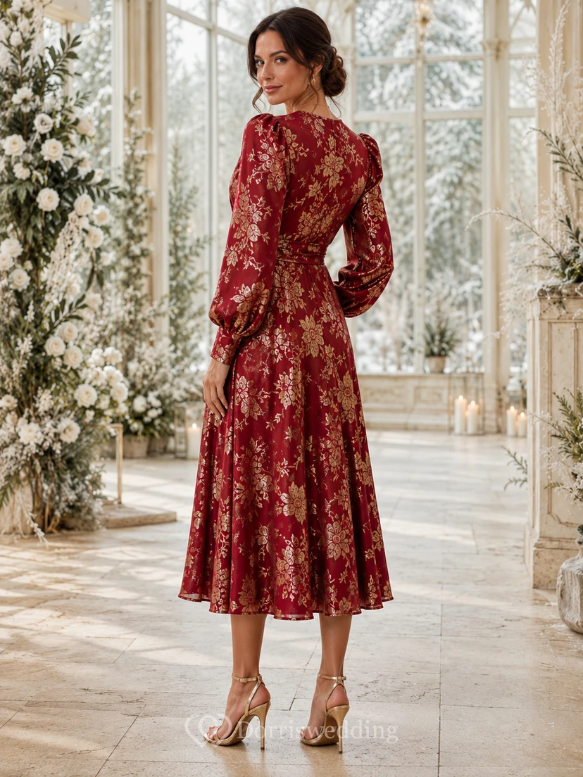 Red Gold V Neck Long Poet Sleeve Jacquard Guest Dress view 2