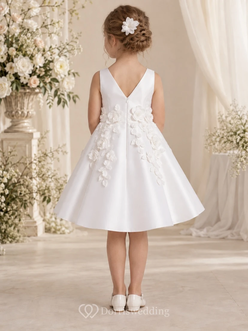 Weißes, knielanges, ärmelloses Blumenmädchenkleid aus Satin in A-Linie mit Blumenmuster view 2