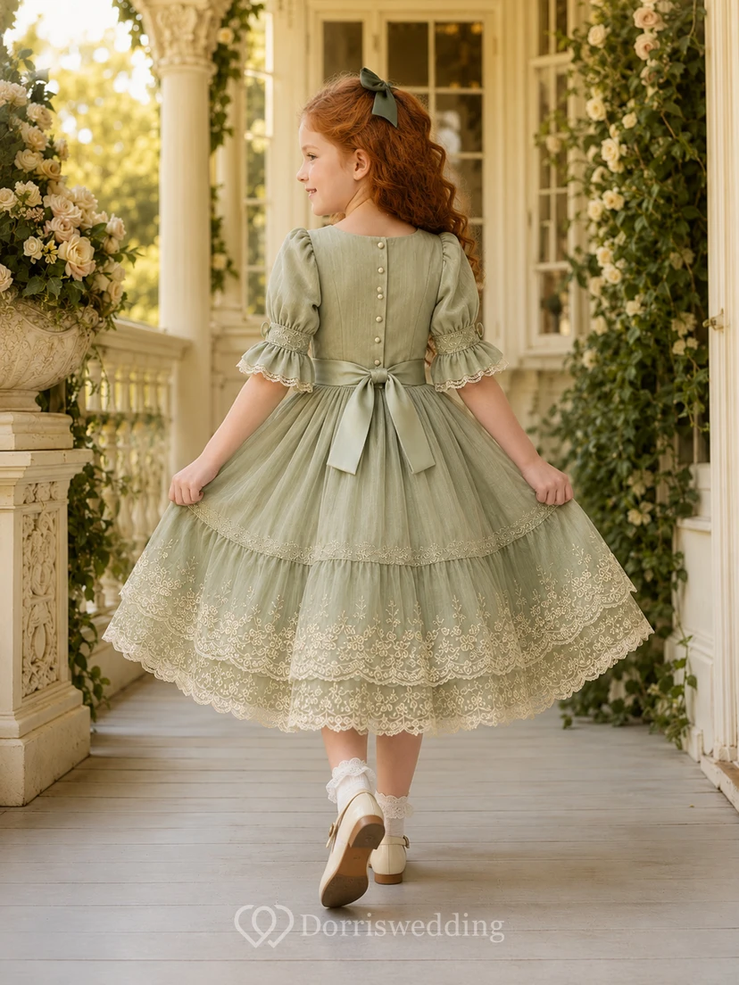 A-Line Victorian Inspired Flower Girl Dress with Square Neckline, Puff Sleeves, Lace Skirt, Satin Sash, Victorian Garden Style view 2