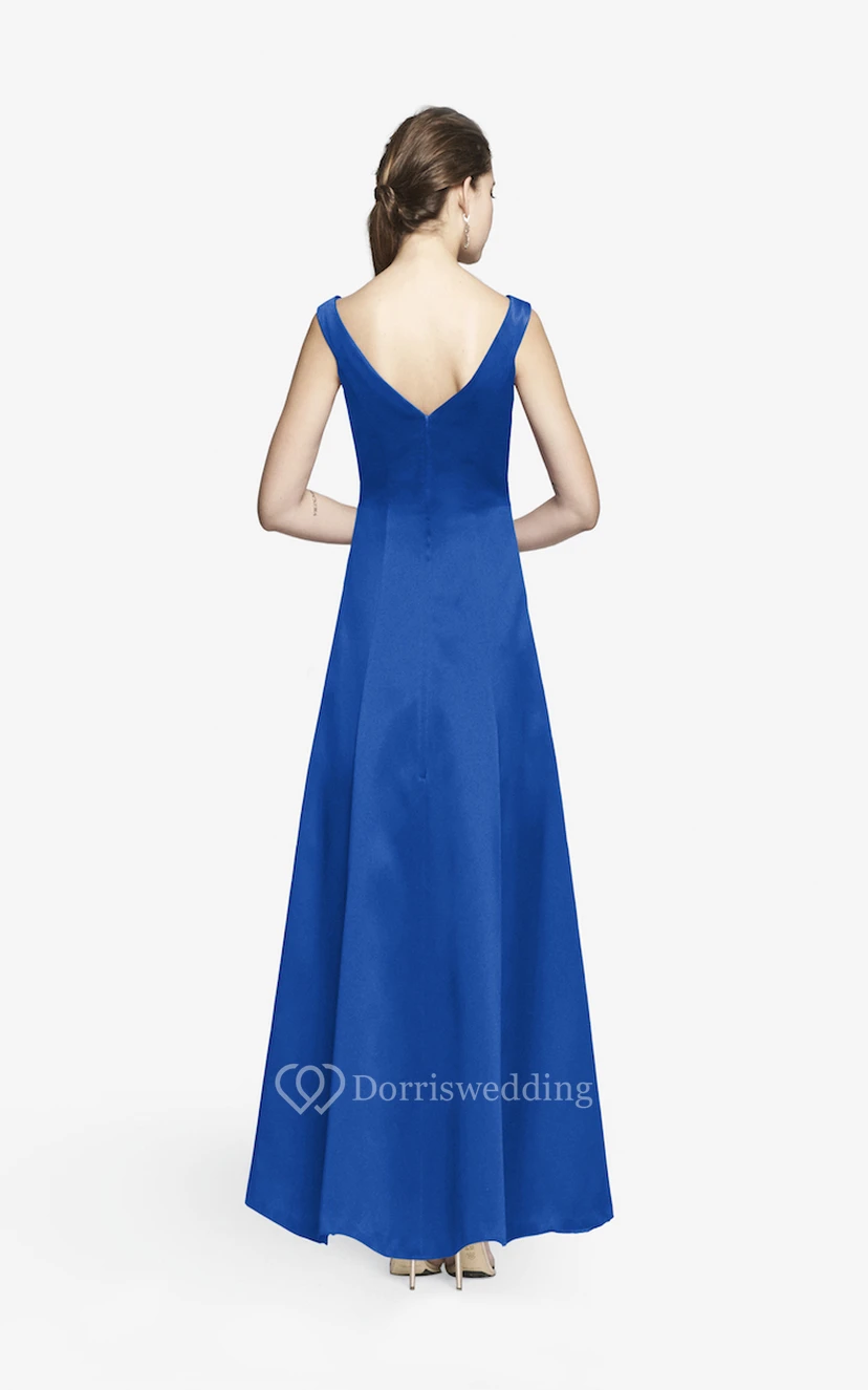 Simple V-neckline Floor-length Satin Dress With Cap Sleeves view 12