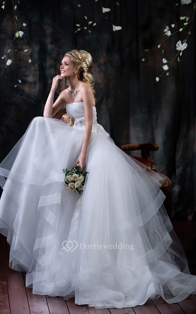 Ball Gown Long Strapless Sleeveless Corset-Back Tulle Dress With Draping And Tiers view 3