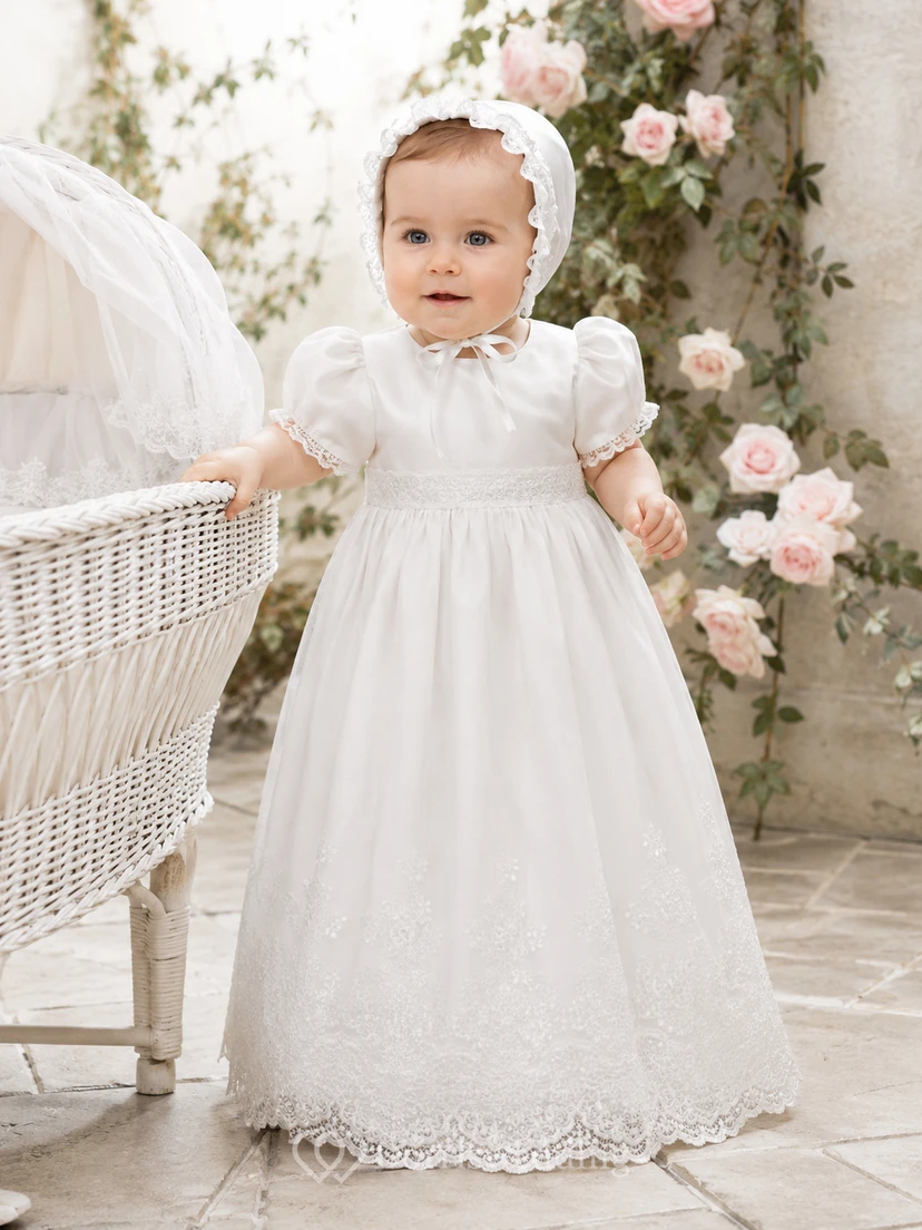 Schlichtes Taufkleid für Babys, A-Linie, knöchellang, hoher Kragen, Puffärmel, Satinspitze, Schleife am Rücken, Knopfleiste am Rücken