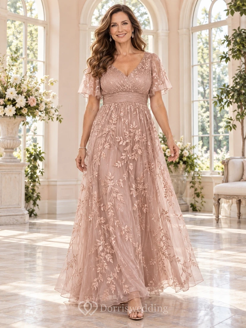 Vestido de tul bordado floral de corte imperio, largo hasta el suelo, con escote en V, mangas acampanadas y estilo oro rosa para la madre de la novia.