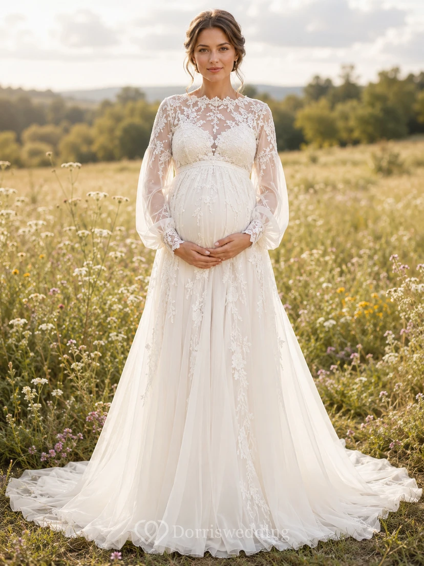 Maternity Wedding Dress High Neck Long Illusion Sleeve Lace Gown with Train