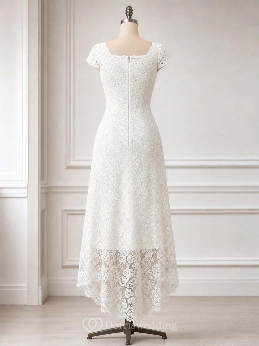 Elegantes Brautkleid aus Spitze mit hohem/tiefem U-Ausschnitt, kurzen Ärmeln und schlichter Eleganz view 6
