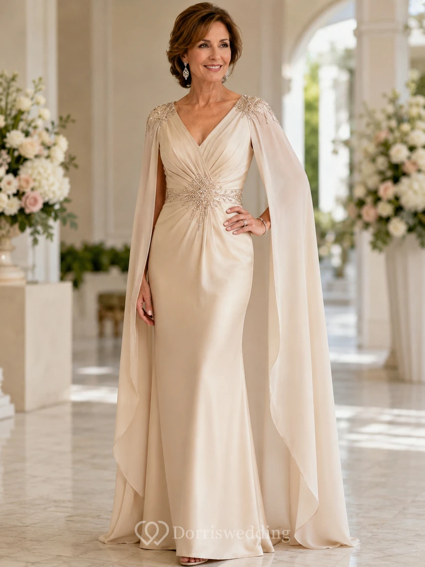Etuikleid aus Chiffon mit V-Ausschnitt, langen Ärmeln und Cape