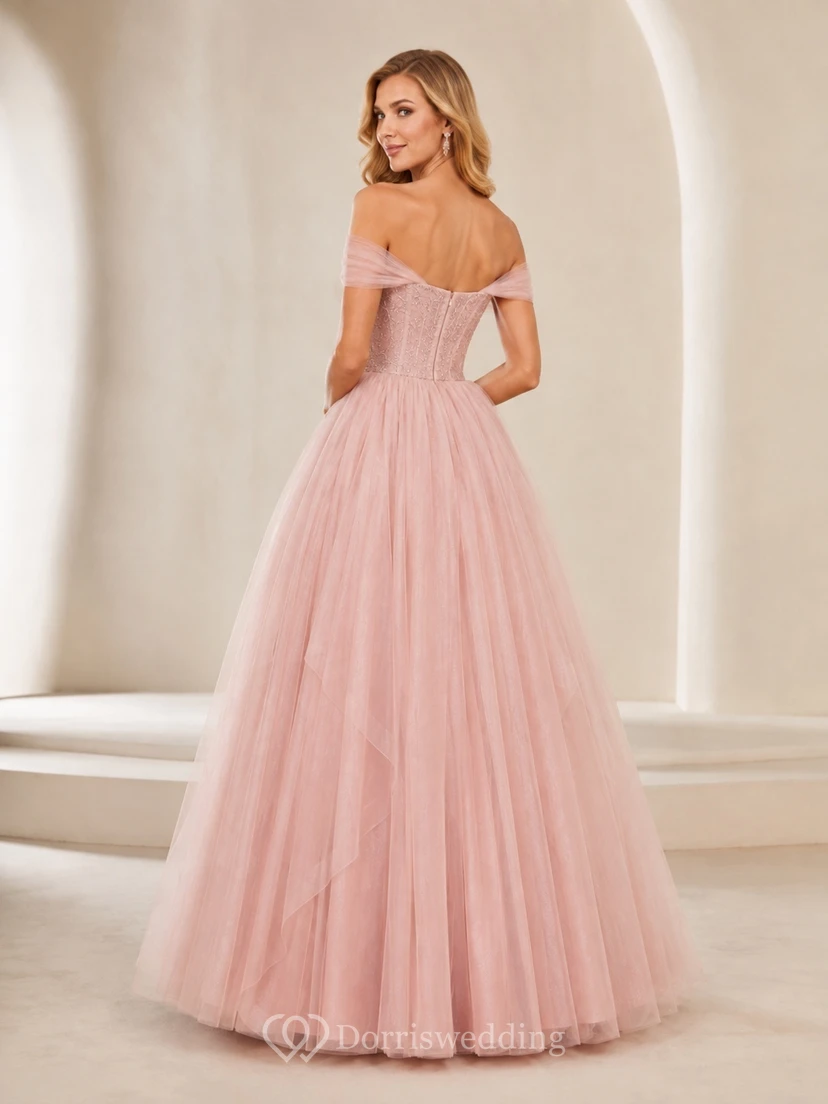 Blush Tulle Off-the-shoulder Pleated Ball Gown Prom Formal Evening Dress view 2
