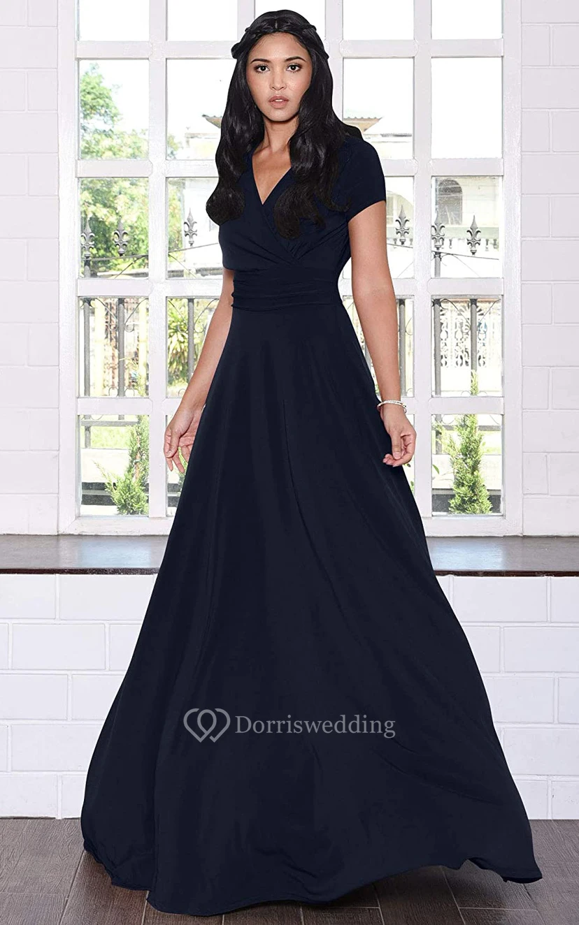 Modern Jersey V-neck Short Sleeve Mother Dress With Criss Cross and Pleats view 20