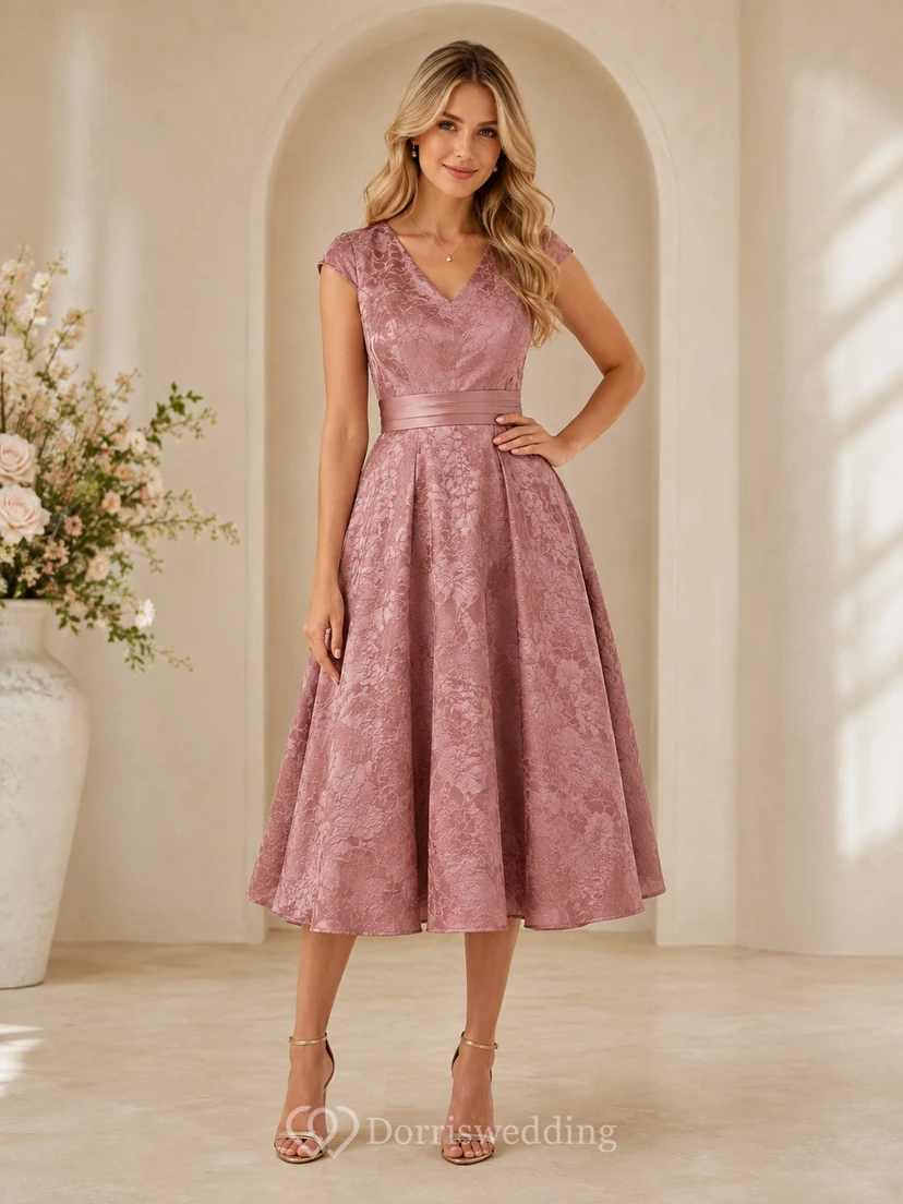 Vestido de invitada de corte A, largo midi, largo midi, con escote en V, manga corta, fajín/cinta de encaje, color rosa empolvado.