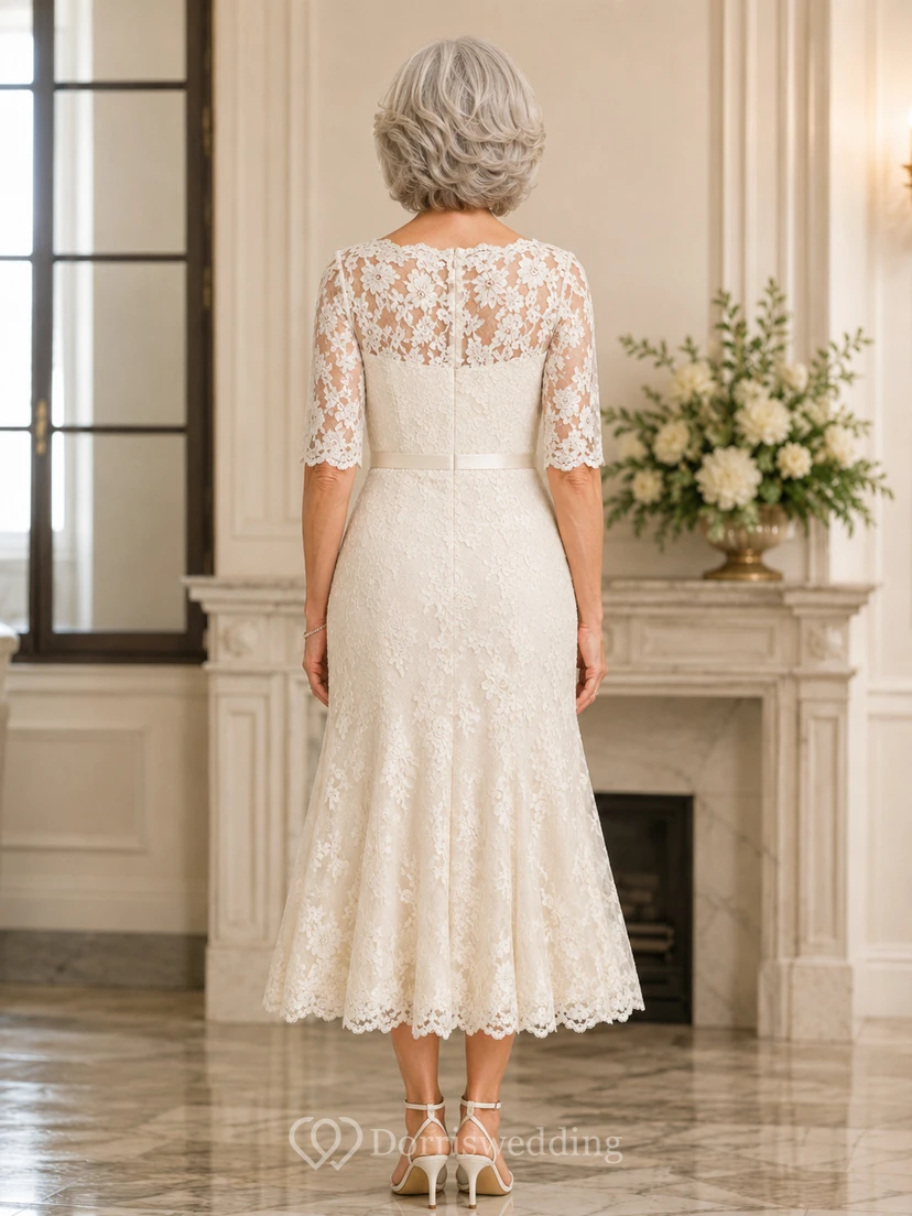 Tea Length Allover Lace Older Brides Wedding Dress with Long Sleeve Sleeves view 2