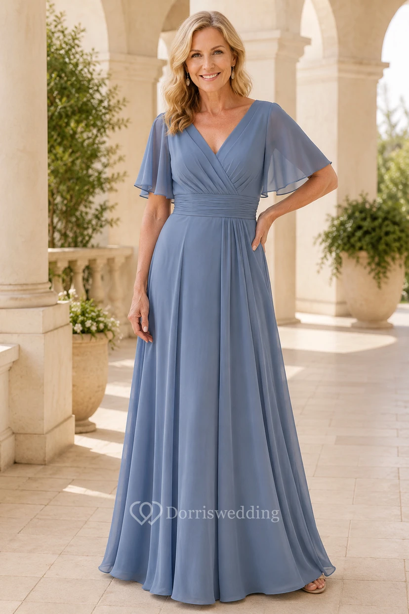 Stahlblaues Chiffon-Kleid in A-Linie mit V-Ausschnitt und Volantärmeln
