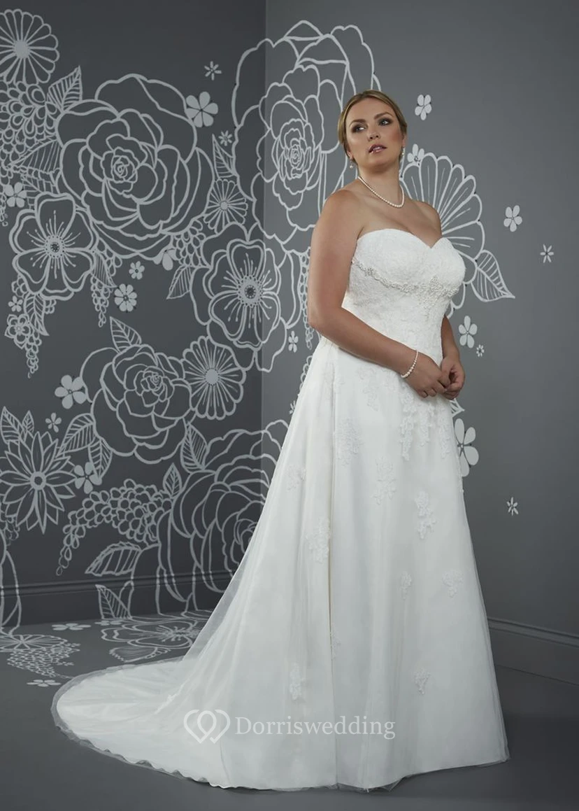 A-Line Floor-Length Sweetheart Sleeveless Satin Court Train Lace-Up Back Beading Dress